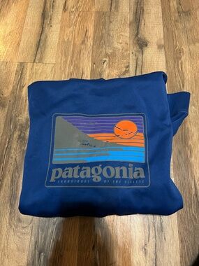 Patagonia Blue Hoodie with Orange and Light Blue Sunset Graphic